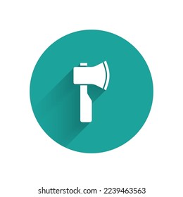 White Wooden axe icon isolated with long shadow. Lumberjack axe. Green circle button. Vector