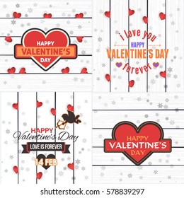 White Wooden Background, Flyer, Poster. Typographic Happy Valentine's Day Greeting Card Design Vector Wood Postcard Illustration and Colorful Heart Symbol Set
