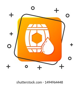 White Wooden barrel with honey icon isolated on white background. Orange square button. Vector Illustration