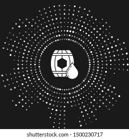 White Wooden barrel with honey icon isolated on grey background. Abstract circle random dots. Vector Illustration