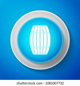 White Wooden barrel icon isolated on blue background. Alcohol barrel, drink container, wooden keg for beer, whiskey, wine. Circle blue button with white line. Vector Illustration