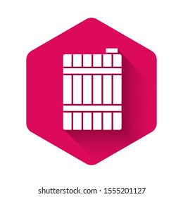 White Wooden barrel icon isolated with long shadow. Alcohol barrel, drink container, wooden keg for beer, whiskey, wine. Pink hexagon button. Vector Illustration