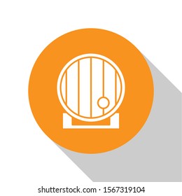 White Wooden barrel icon isolated on white background. Alcohol barrel, drink container, wooden keg for beer, whiskey, wine. Orange circle button. Vector Illustration