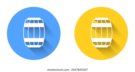 White Wooden barrel icon isolated with long shadow background. Alcohol barrel, drink container, wooden keg for beer, whiskey, wine. Circle button. Vector