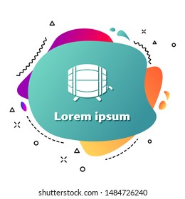 White Wooden barrel on rack with stopcock icon isolated on white background. Abstract banner with liquid shapes. Vector Illustration