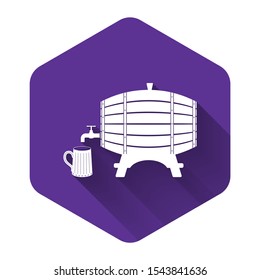 White Wooden barrel on rack with stopcock and wooden beer mug icon isolated with long shadow. Purple hexagon button. Vector Illustration