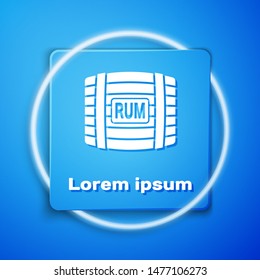 White Wooden barrel with rum icon isolated on blue background. Blue square button. Vector Illustration