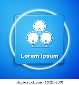 White Wooden barrels icon isolated on blue background. Alcohol barrel, drink container, wooden keg for beer, whiskey, wine. Blue square button. Vector Illustration