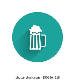 White Wooden beer mug icon isolated with long shadow. Green circle button. Vector Illustration