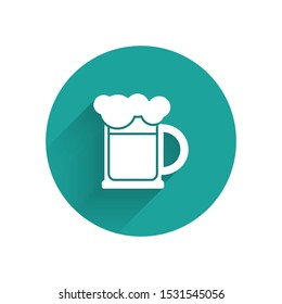 White Wooden beer mug icon isolated with long shadow. Green circle button. Vector Illustration