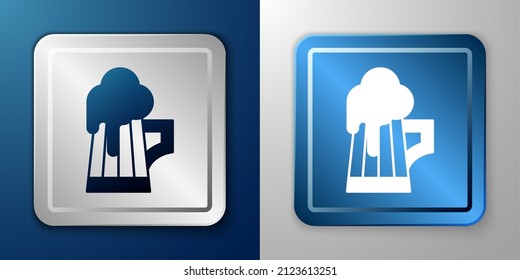 White Wooden beer mug icon isolated on blue and grey background. Silver and blue square button. Vector