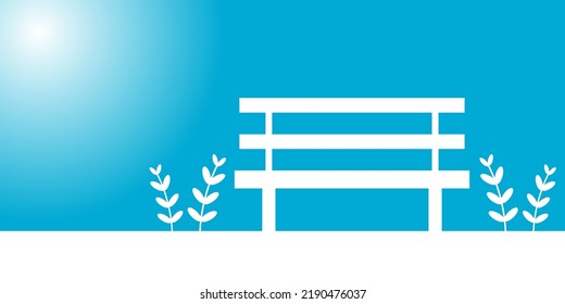 White wooden bench for sitting rest with grass in park and sun light on blue clear sky background flat vector icon design.