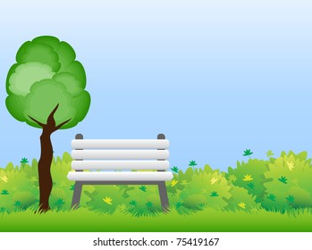 White wooden bench standing among the green bushes under a tree in the park