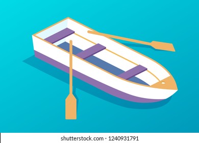 White wooden boat with oars. Water transport, fishing boat, travel and hobbies. Transport for entertainment, attractions, river and sea holidays on a trip. Isometric vector.