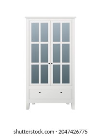 White wooden cabinet with glass doors realistic vector illustration