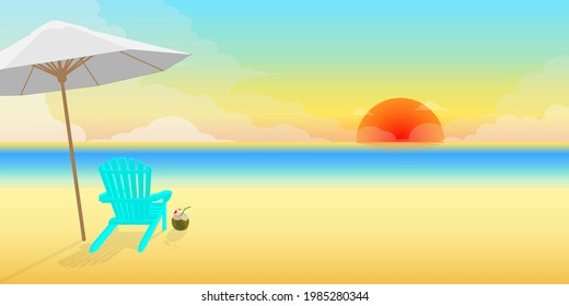 White wooden chair and coconut cocktail under umbrella on sunrise beach background, Summer concept illustration vector