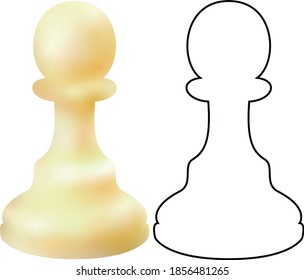 White wooden chess figure pawn isolated on white background. Chess piece Pawn. Realistic vector illustration 3d and line