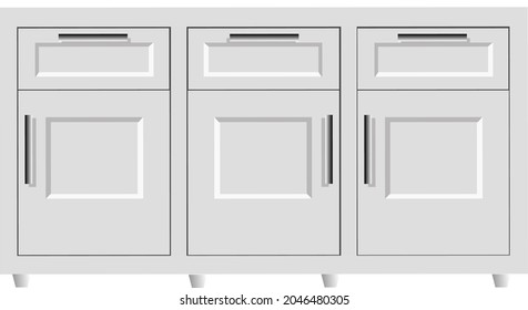 White wooden closed storage. Modern minimalism furniture. Three doors storage wainscoting cabinet. Isolated. Cartoon vector illustration. Front view.