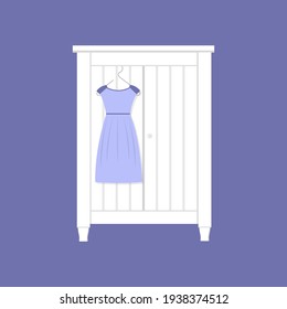 White wooden closed wardrobe with a blue dress hanging on its door. Cloakroom concept. Isolated vector illustration.