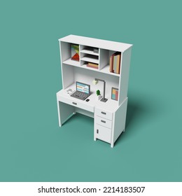 White wooden desk with laptop, lamp, and books on tosca green background. minimal concept idea. 3d render. voxel block cube model.
