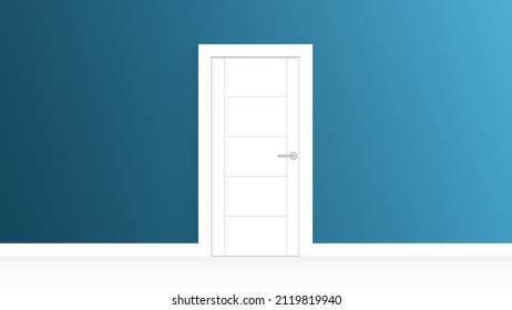 White wooden door with cornice frame and blue wall color. Minimal interior empty room illustration.