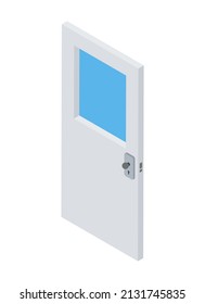 White wooden door with glass and handle isometric vector illustration. Interior room closed entrance or exit 3d modern house indoor design isometric. Doorway frame, front lock, architecture