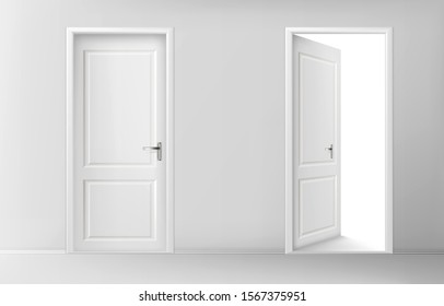 White wooden doors. Vector set of realistic closed and open doors with chrome handles in interior. Conceptual illustration for welcome, invitation to enter or new opportunity