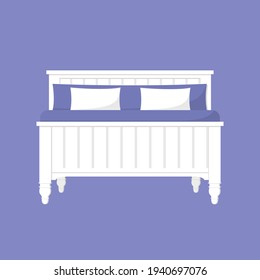 White wooden double bed with blue flock bed and two white pillows. Piece of bedroom furniture. Isolated vector illustration.