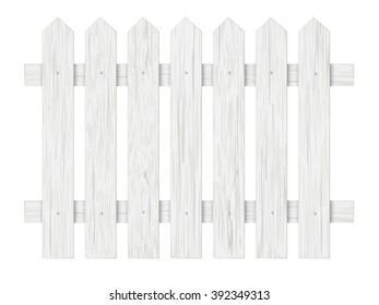 White wooden fence, barrier in the garden on the farm or in the village. Element front garden landscaping.