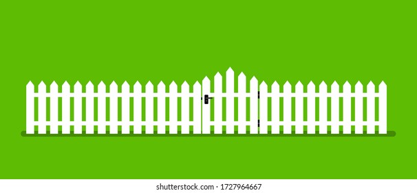 White wooden fence with garden gate in flat style. Stock vector illustration