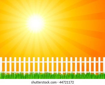 White wooden fence and grass under dramatic sky. Vector illustration.