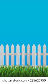 White Wooden Fence and Grassy Meadow in front of Blue Background. Vector Illustration