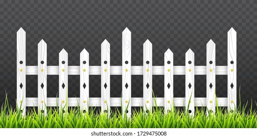 White wooden fence with green grass. Vector illustration isolated on transparent background