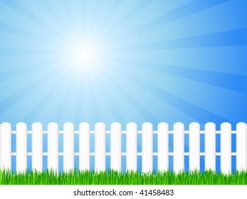 White wooden fence and green grass under dramatic sky. Vector illustration.