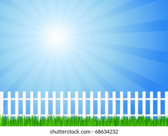 White wooden fence and green grass under sky. Vector illustration.