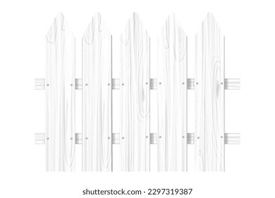 White wooden fence with nails, picket, timber textured in cartoon style isolated on white background. 