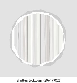 white wooden floor vertical fence round torn paper on blank light background