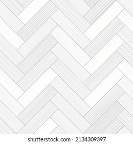 White wooden parquet, seamless herringbone pattern. Hardwood gray zigzag laminate floor. Wood grain texture. Timber interior. Oak, walnut, pine or maple nature materials. Realistic vector illustration