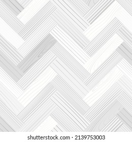 White wooden parquet, seamless herringbone pattern. Hardwood gray zigzag laminate floor. Wood grain texture. Timber interior. Oak, walnut, pine or maple nature materials. Realistic vector illustration