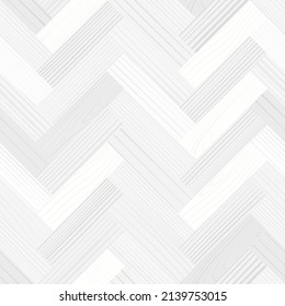 White wooden parquet, seamless herringbone pattern. Hardwood gray zigzag laminate floor. Wood grain texture. Timber interior. Oak, walnut, pine or maple nature materials. Realistic vector illustration