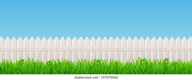 White wooden picket fence and green grass on background of blue sky. Vector realistic landscape with barrier with wood texture and summer meadow plants. Backyard, garden or lawn with enclosure