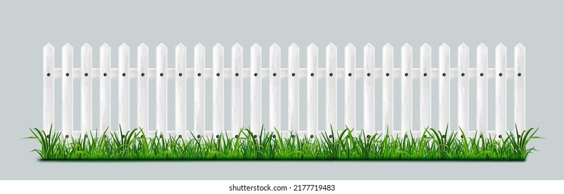 White Wooden Picket Fence With Green Grass Isolated On Background. Vector Realistic Illustration Of Farm Or Garden Barrier From Wood Boards On Field, Meadow Or Lawn