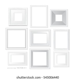 white wooden picture frame template set isolated on wall, blank photo frame vintage & modern style