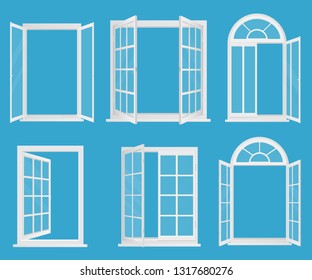 White wooden plastic realistic windows set with transperant glass vector illustration.