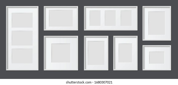 White wooden and plastic rectangular realistic picture frames various sizes mockup set black background vector illustration 