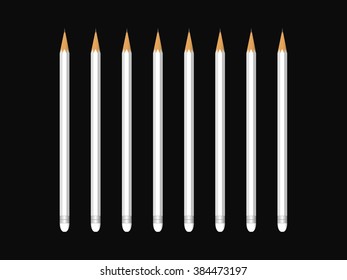 White Wooden sharp pencils isolated on black background,Vector illustration.