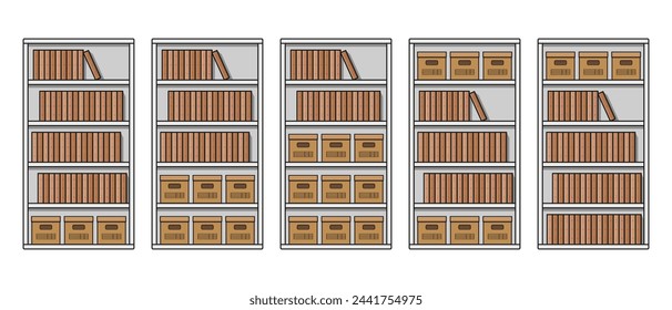 white wooden shelf bookcase storage with books and boxes home furniture vector flat illustration