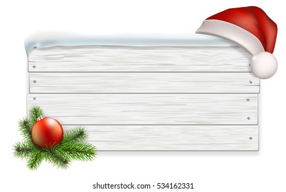 White wooden sign with Santa's cap Christmas-tree ball and fir branches. Vector detailed illustration isolated. Background for advertisement or greeting card.