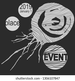 White wooden splash with circles on dark background - abstract vector hand drawing. Print, poster, invitation template, design for conferences, courses, events, celebrations. Negative space.