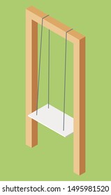 White wooden swing hanging on ropes for garden or patio. Playground park equipment. Entertainment for kids, leisure and game playing 3D isometric. Vector illustration in flat cartoon style
